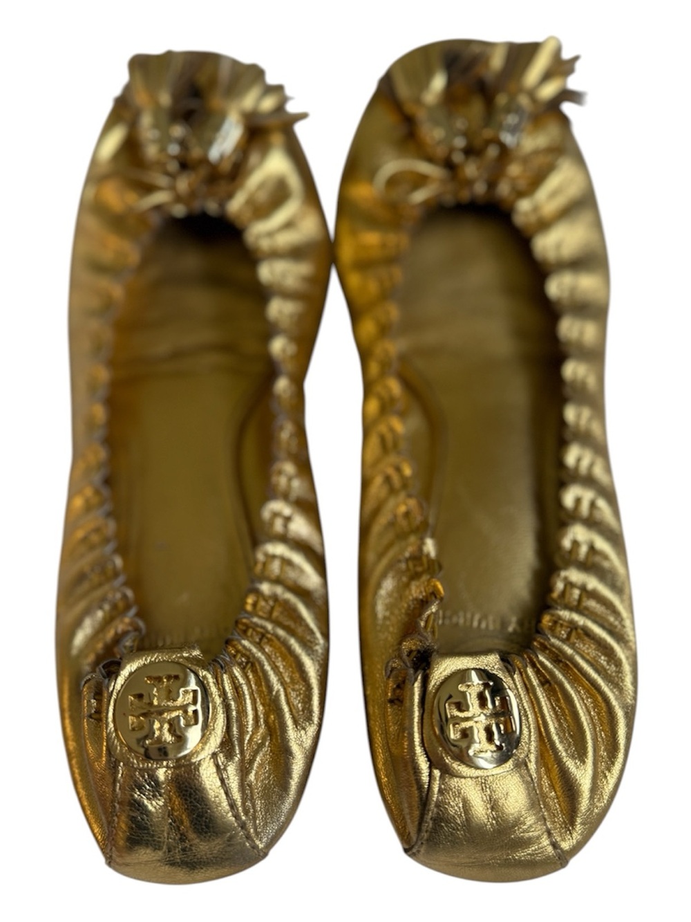 Tory Burch Reese Metallic Gold Tassel Ballet Flats Size 8M Luxury Designer